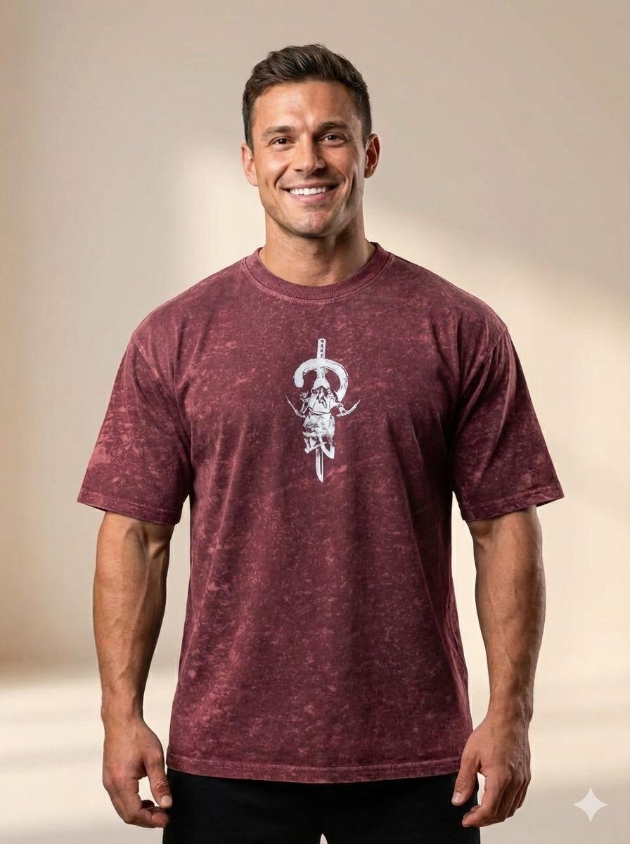 Drop Shoulder Acid Wash T-Shirt – Warrior Print Oversized Streetwear