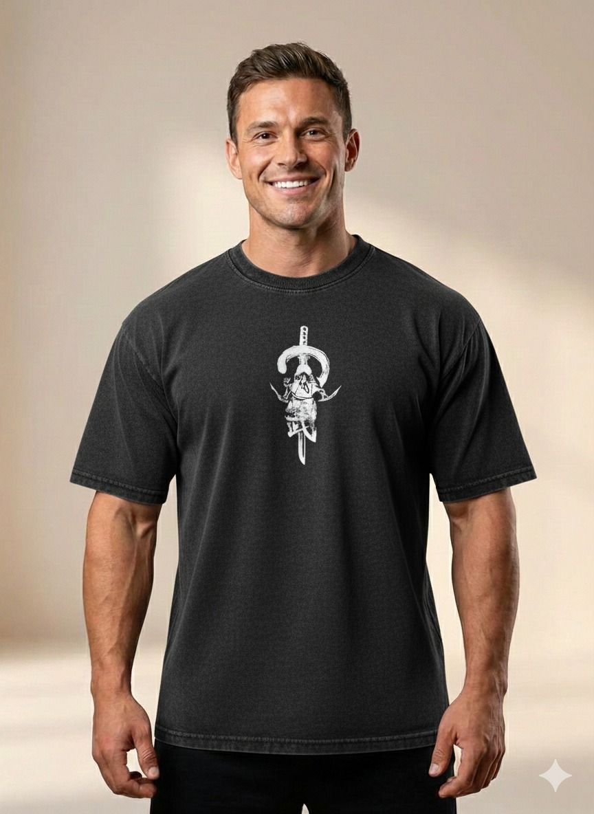 Drop Shoulder Acid Wash T-Shirt – Warrior Print Oversized Streetwear