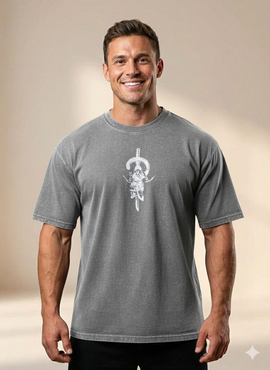 Drop Shoulder Acid Wash T-Shirt – Warrior Print Oversized Streetwear